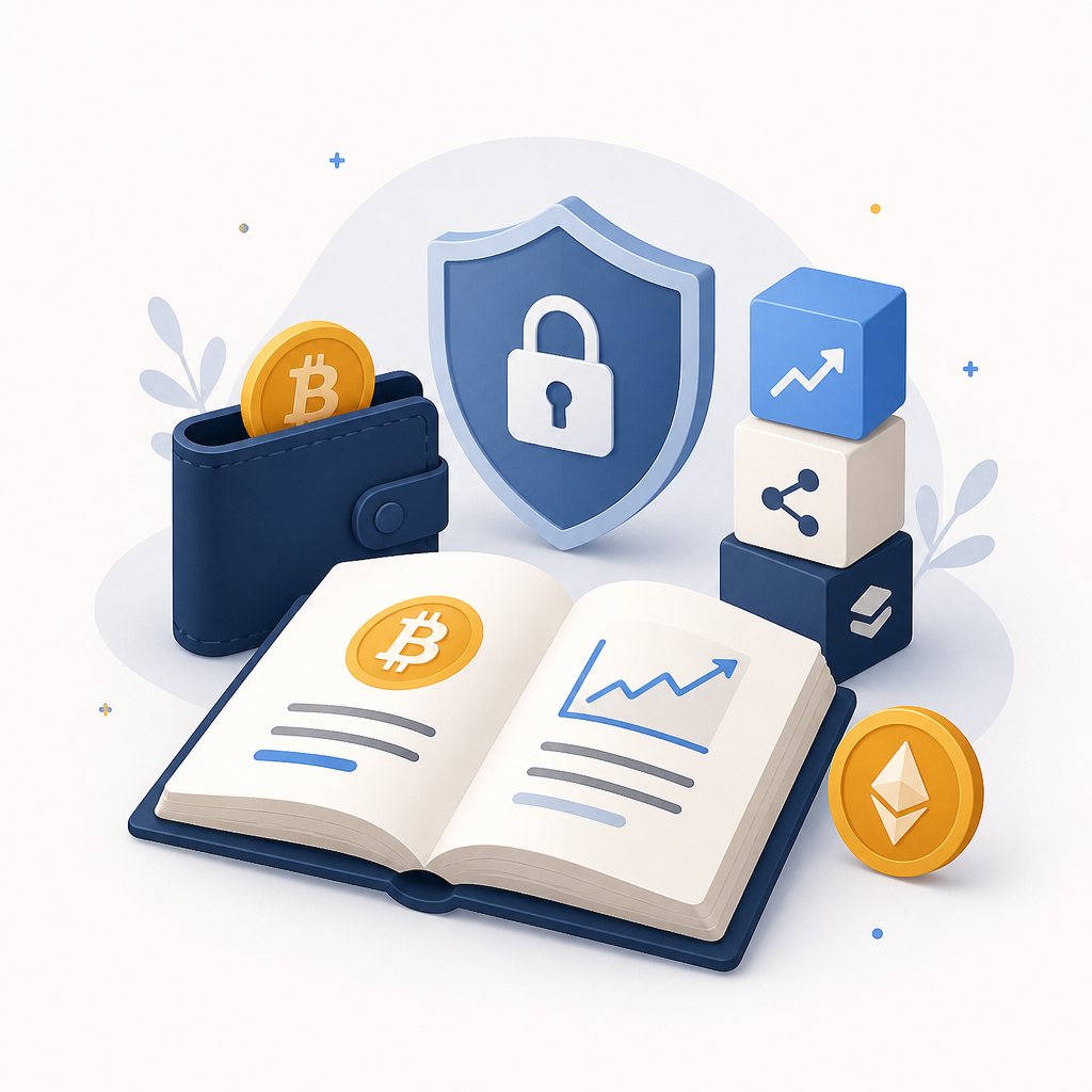 Ilustrace blockchainu, kryptoměnové peněženky a bezpečnostního štítu